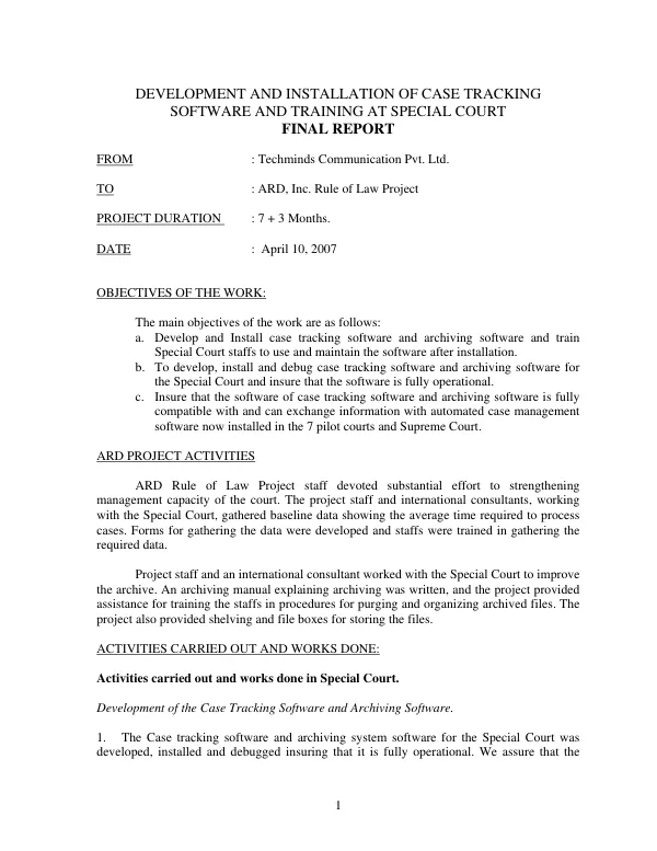 Development and installation of case tracking software and training at special court : final report
