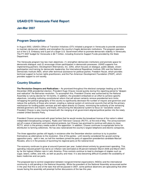 USAID/OTI Venezuela field report, Jan-Mar 2007