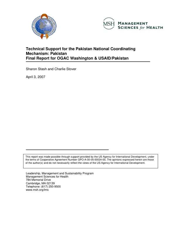 Technical support for the Pakistan national coordinating mechanism : Pakistan -- final report for OGAC Washington & USAID/Pakistan