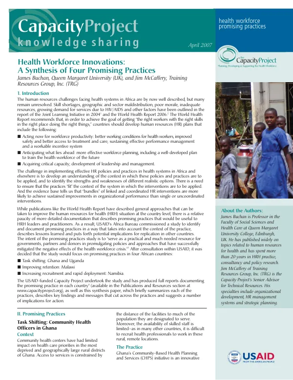 Health workforce innovations : a synthesis of four promising practices