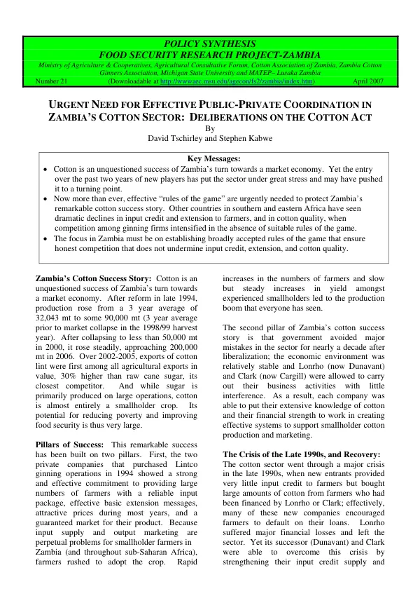 Urgent need for effective public-private coordination in Zambia"s cotton sector : deliberations on the Cotton Act