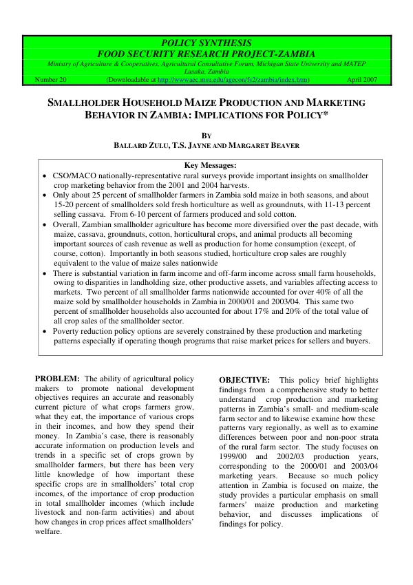 Smallholder household maize production and marketing behavior in Zambia and its implications for policy
