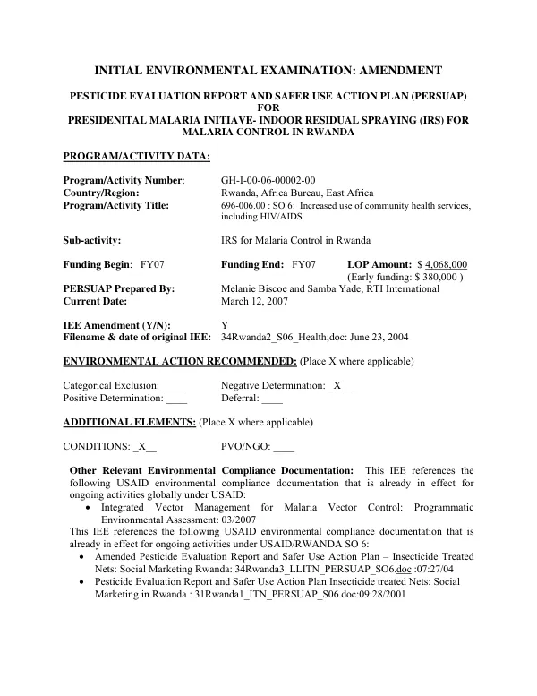 Pesticide evaluation report and safer use action plan (PERSUAP) for indoor residual spraying (IRS) for malaria control in Rwanda