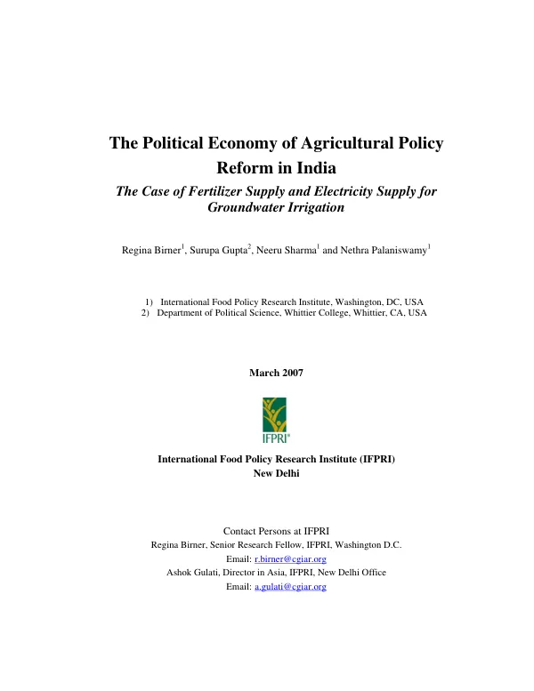 The political economy of agricultural policy reform in India : the case of fertilizer supply and electricity supply for groundwater irrigation