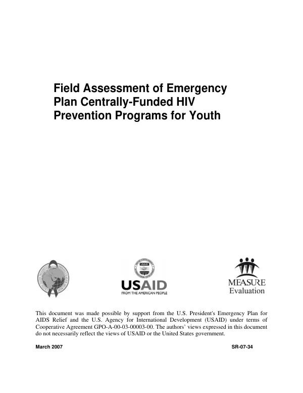 Field assessment of emergency plan centrally-funded HIV prevention programs for youth