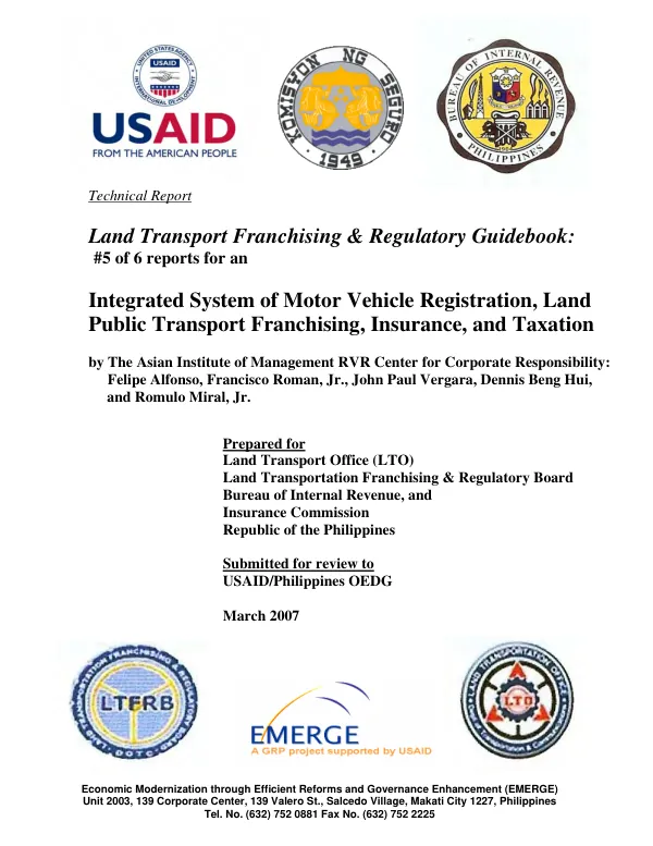 Land transport franchising & regulatory guidebook : #5 of 6 reports for an integrated system of motor vehicle registration, land public transport franchising, insurance, and taxation