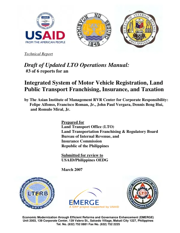 Draft of updated LTO operations manual : #3 of 6 reports for an integrated system of motor vehicle registration, land public transport franchising, insurance, and taxation