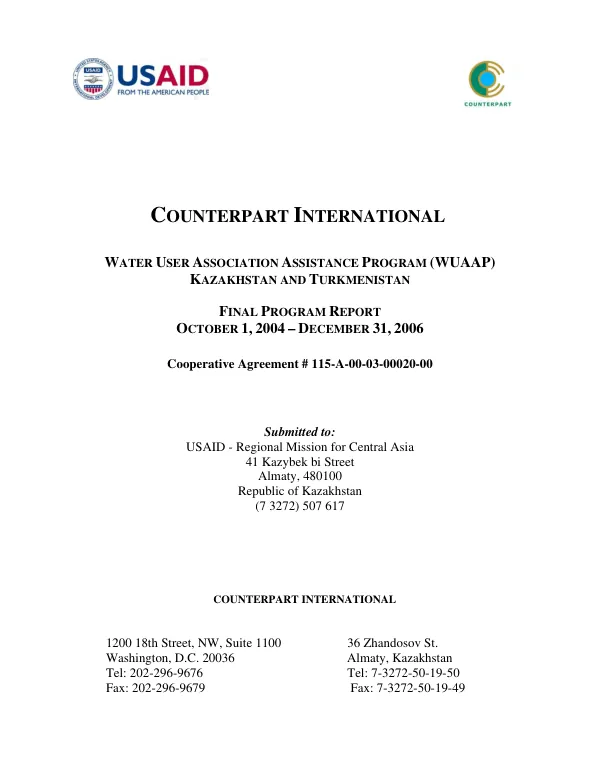 Water user association assistance program (WUAAP) Kazakhstan and Turkmenistan : final program report, October 1, 2004-December 31, 2006