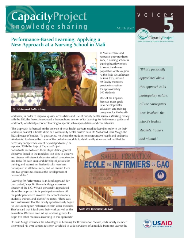 Performance-based learning : applying a new approach to a nursing school in Mali