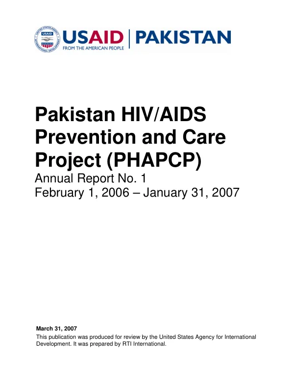 Pakistan HIV/AIDS prevention and care project (PHAPCP) : annual report no. 1, February 1, 2006-January 31, 2007