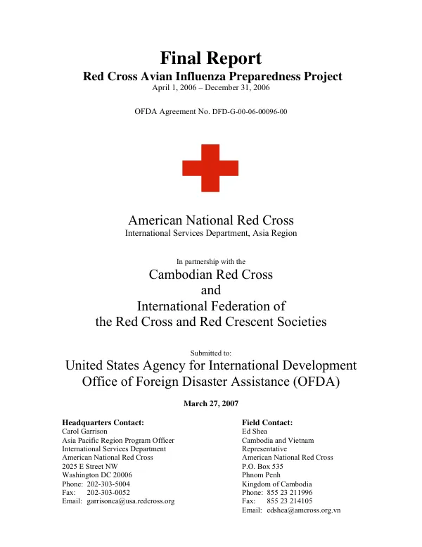 Final report : Red Cross avian influenza preparedness project, April 1, 2006-December 31, 2006