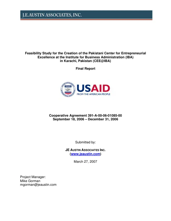 Feasibility study for the creation of the Pakistani Center for Entrepreneurial Excellence at the Institute for Business Administration (IBA) in Karachi, Pakistan (CEE@IBA) : final report
