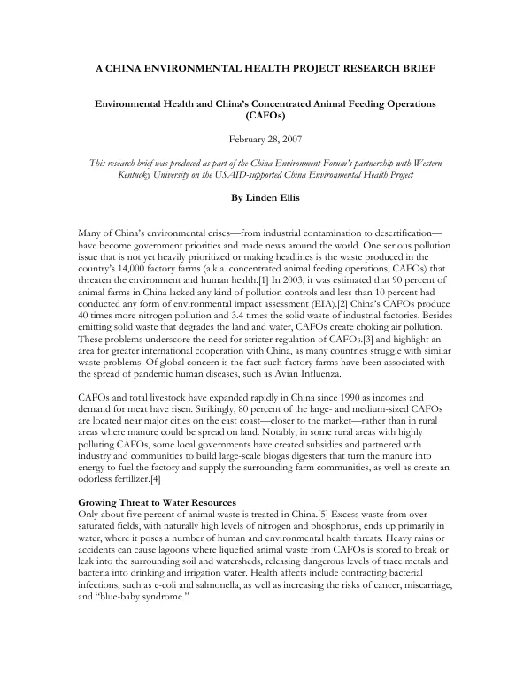 Environmental health and China"s concentrated animal feeding operations
