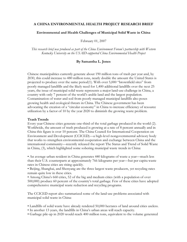 Environmental and health challenges of municipal solid waste in China
