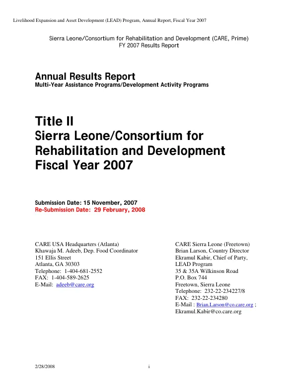 Sierra Leone/consortium for rehabilitation and development (CORAD) : annual results report - fiscal year 2007