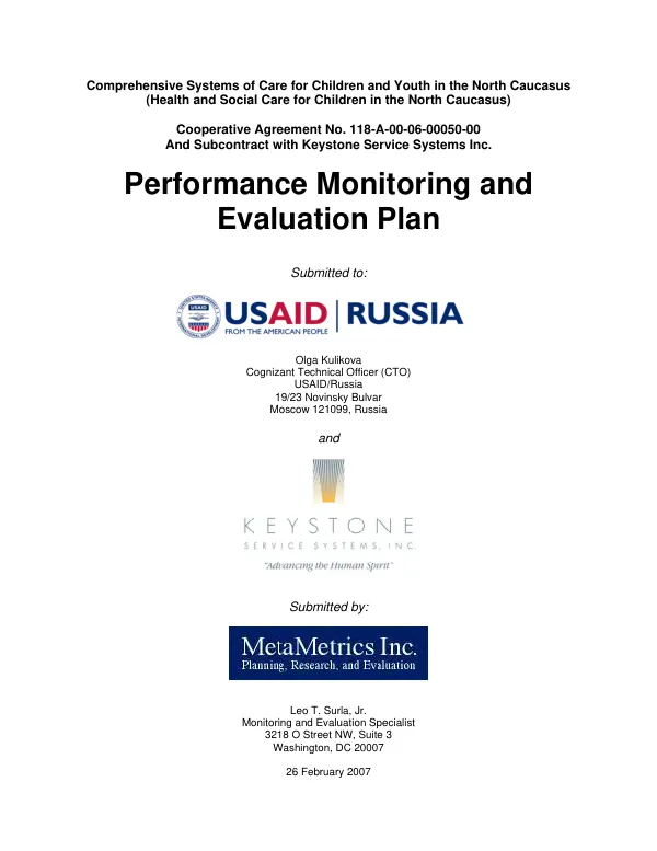 Comprehensive systems of care for children and youth in the north Caucasus (Health and social care for children in the north Caucasus), cooperative agreement no. 118-A-00-06-00050-00 : performance monitoring and evaluation plan