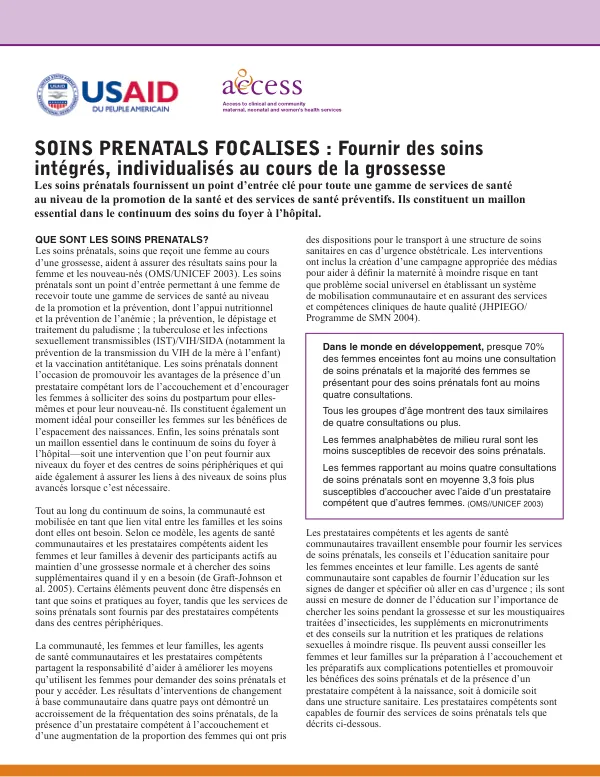 Soins prenatals focalises : fournir des soins integres, individualises au cours de la grossesse