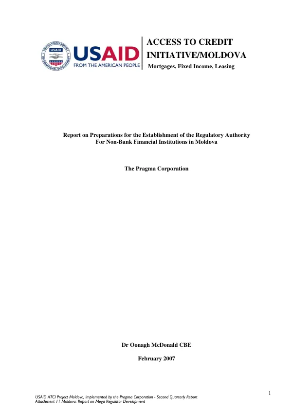 Report on preparations for the establishment of the regulatory authority for non-bank Financial institutions in Moldova