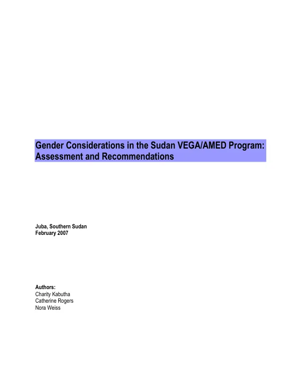 Gender considerations in the Sudan VEGA/AMED program : assessment and recommendations
