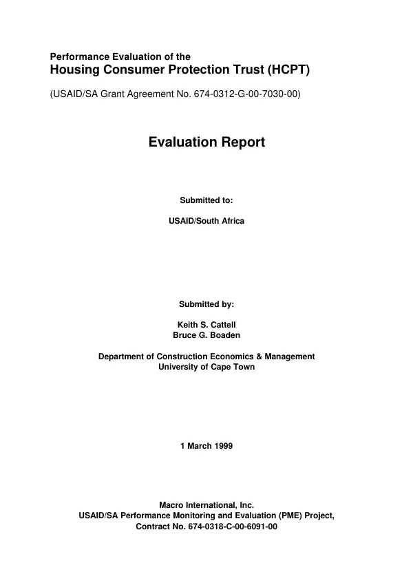 Performance evaluation of the Housing Consumer Protection Trust (HCPT) : evaluation report