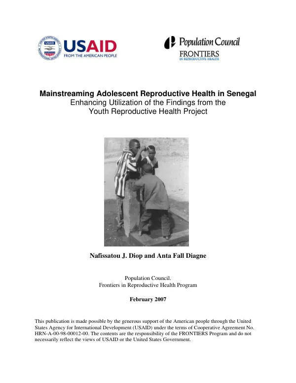 Mainstreaming adolescent reproductive health in Senegal : enhancing utilization of the findings from the youth reproductive health project