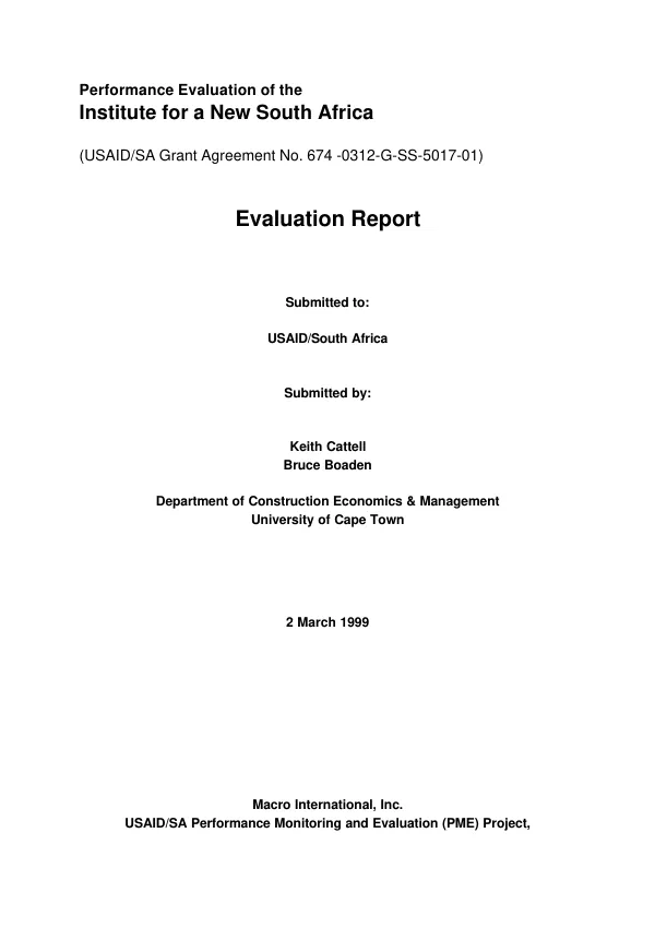 Performance evaluation of the Institute for a New South Africa : evaluation report