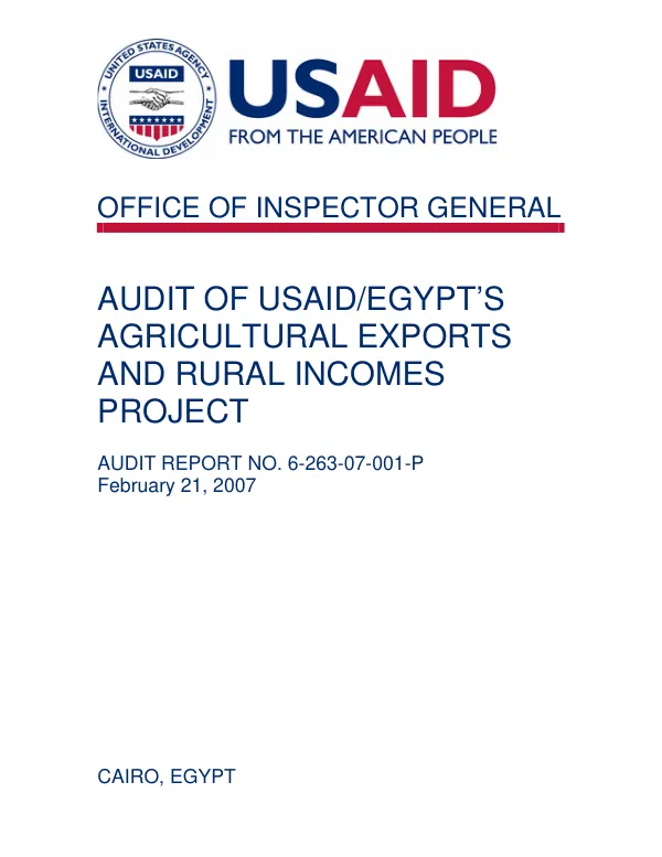 Audit of USAID/Egypt"s agricultural exports and rural incomes project