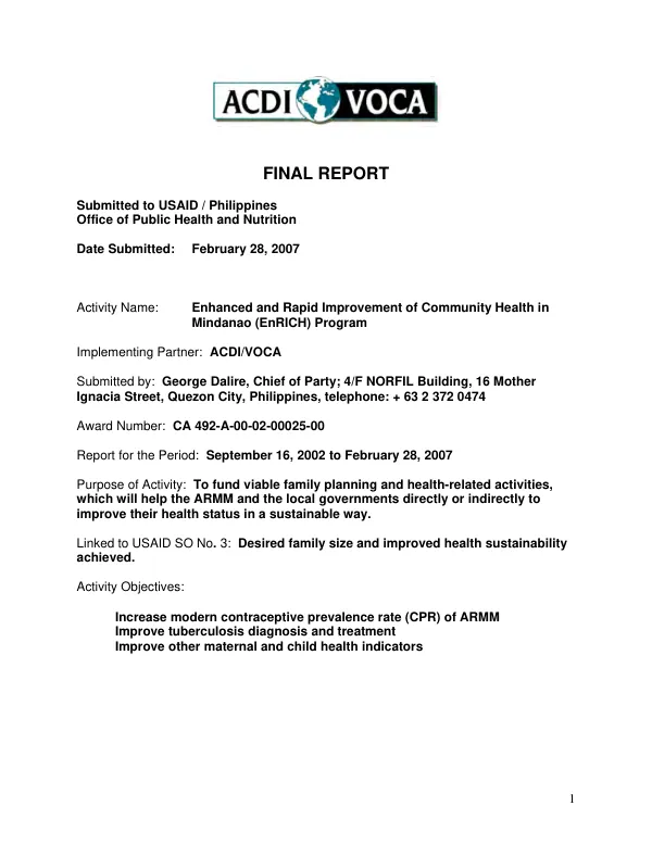 Final report : enhanced and rapid improvement of community health in Mindanao (EnRICH) program
