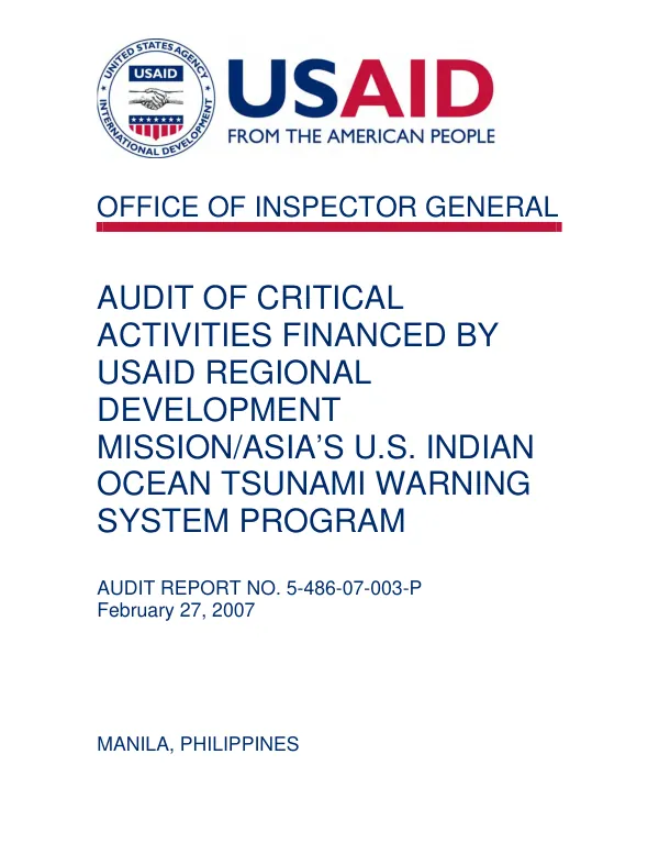 Audit of critical activities financed by USAID Regional Development Mission/Asia"s U.S. Indian Ocean tsunami warning system program