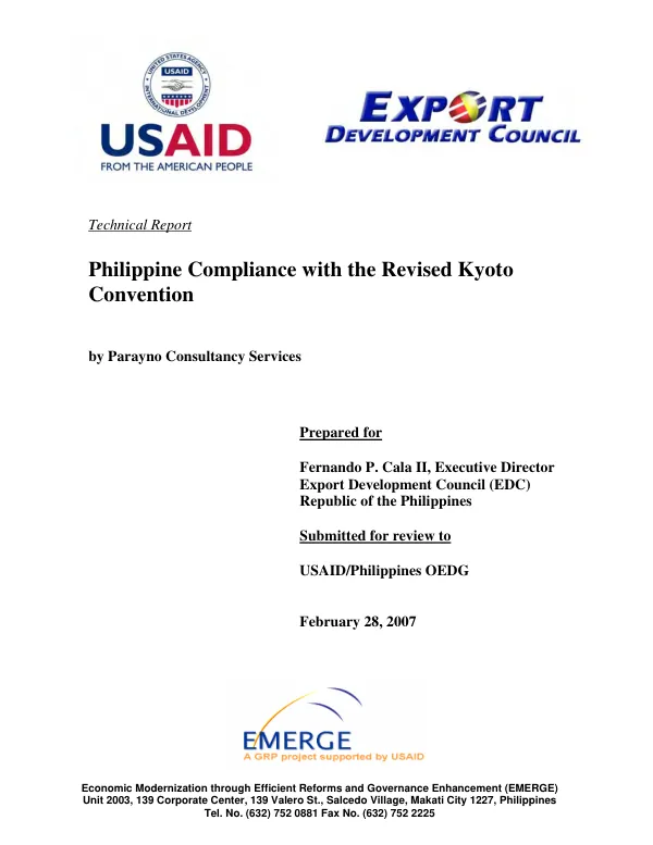Proposed national strategy for Philippine compliance to [i.e with] the International Convention on the Simplification and Harmonization of Customs Procedures, otherwise known as the Revised Kyoto Convention ("RKC")