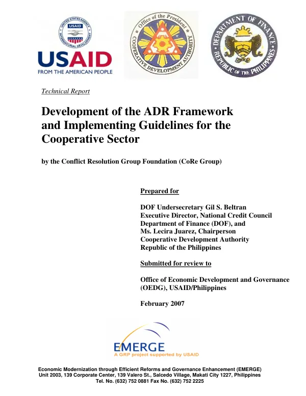 Development of the ADR framework and implementing guidelines for the cooperative sector