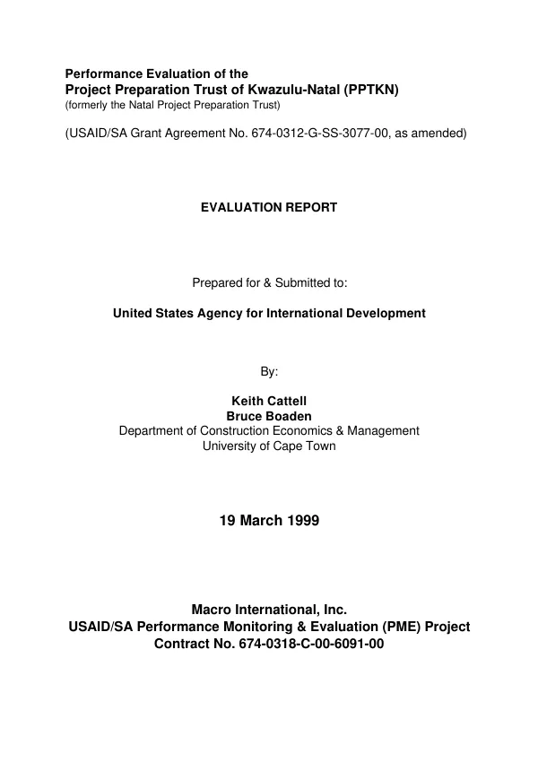 Performance evaluation of the Project Preparation Trust of Kwazulu-Natal (PPTKN) : evaluation report