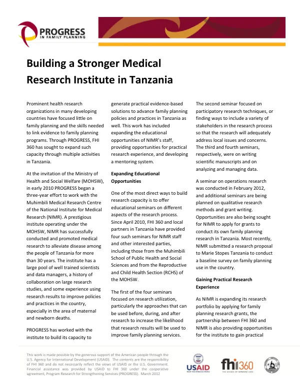 FHI 360. Building a Stronger Medical Research Institute in Tanzania.