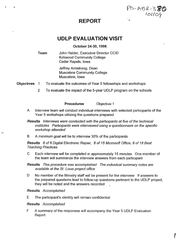 UDLP [university development linkages project] evaluation visit