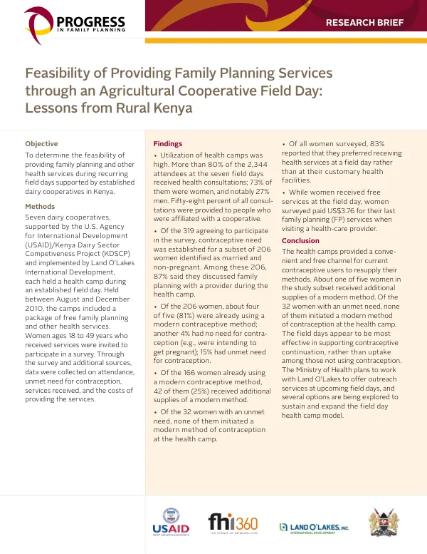 Feasibility of Providing Family Planning Services through an Agricultural Cooperative Field Day: Lessons from Rural Kenya
