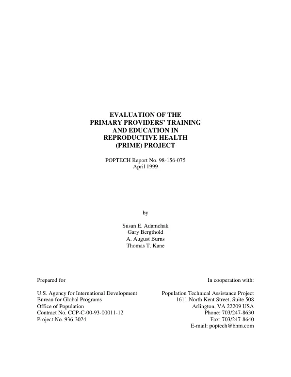 Evaluation of the primary providers' training and education in reproductive health (PRIME) project