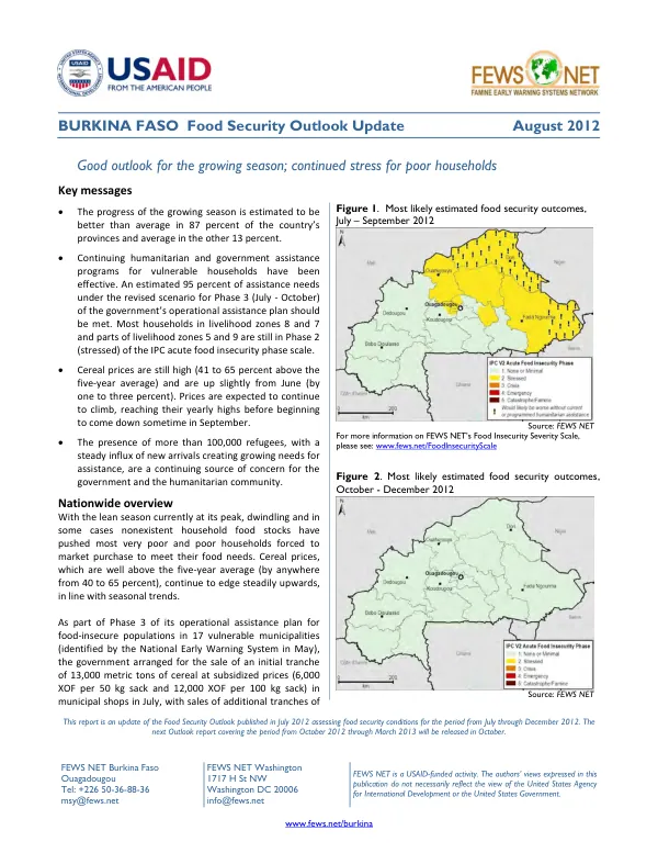 Burkina Faso food security outlook update, August 2012
