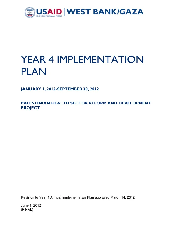 Palestinian Health Sector Reform and Development Project Year 4 Implementation Plan