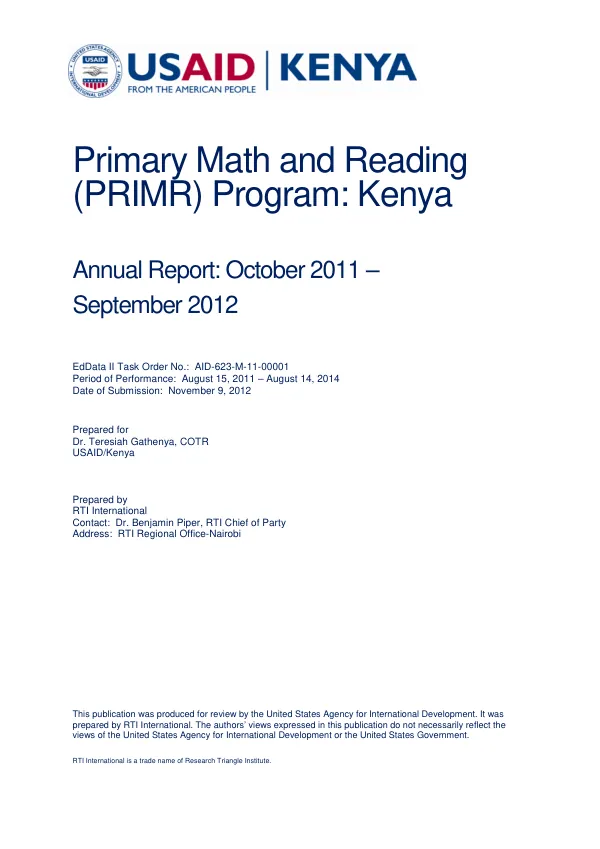 Primary Math and Reading (PRIMR) Program: Kenya