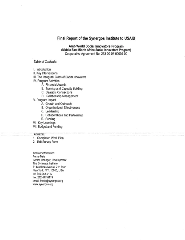 Arab world social innovators program (Middle East/North Africa social innovators program), cooperative agreement no. 263-00-07-00095-00 [sic]