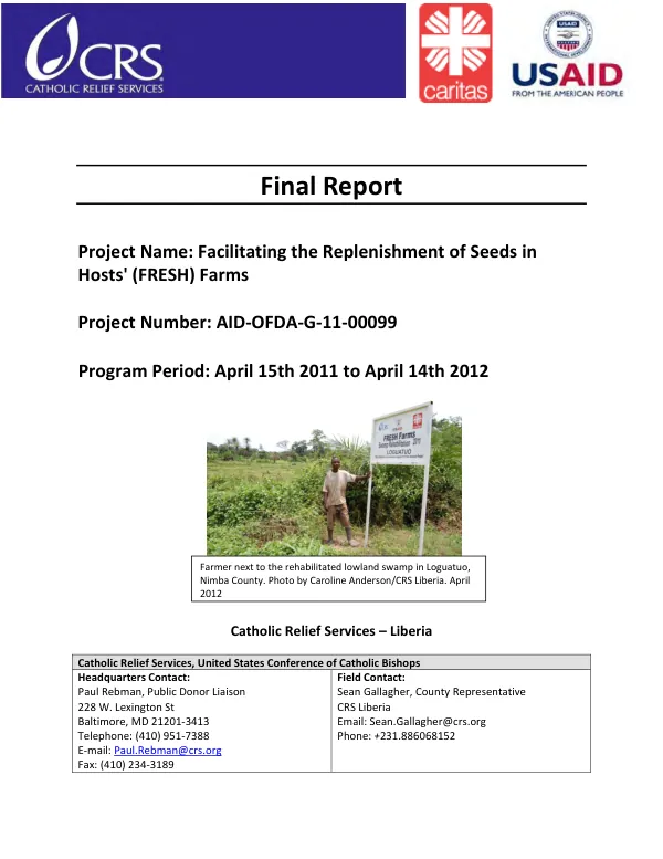 Final report : facilitating the replenishment of seeds in hosts" (FRESH) farms -- April 15th 2011 to April 14th 2012