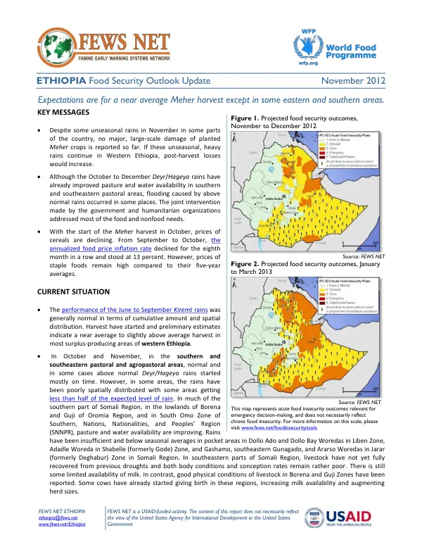 Ethiopia food security outlook update, November 2012