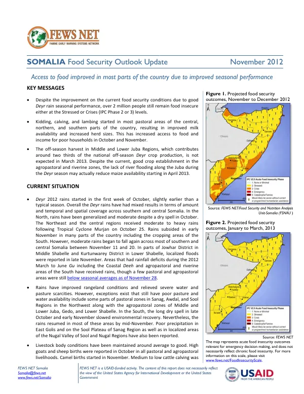 Somalia food security outlook update, November 2012