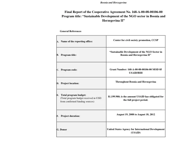 Final report of the cooperative agreement no. 168-A-00-08-00106-00 : program title "sustainable development of the NGO sector in Bosnia and Herzegovina II" -- August 19, 2008 to August 18, 2012