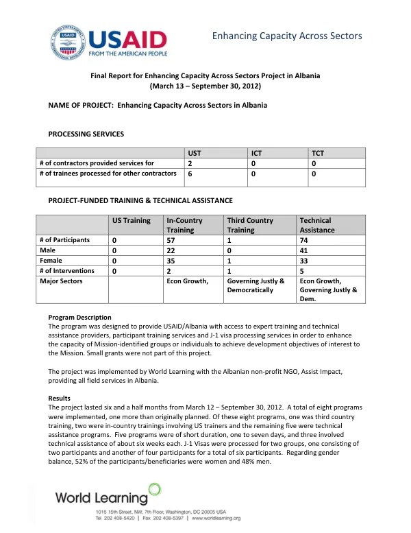 Final report for enhancing capacity across sectors project in Albania (March 13-September 30, 2012)