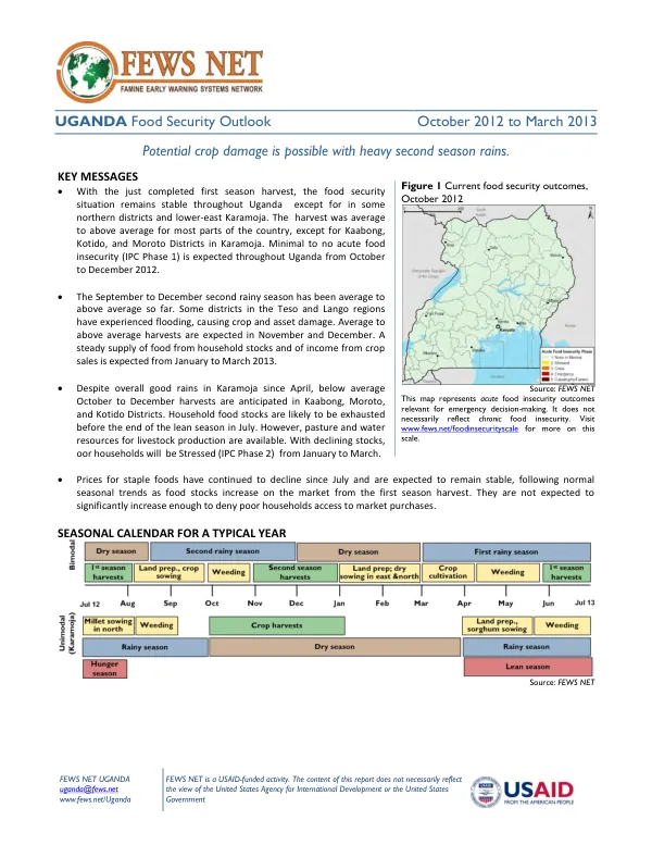 Uganda food security outlook, October 2012 to March 2013
