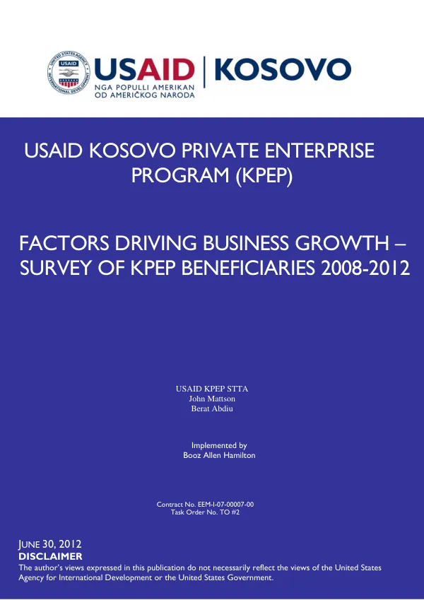 USAID Kosovo Private Enterprise Program, Assessment Report_Factors Driving Business Growth