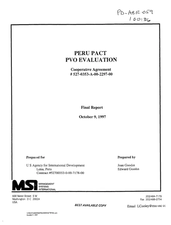 Peru PACT PVO evaluation : cooperative agreement # 527-0353-A-00-2297-00