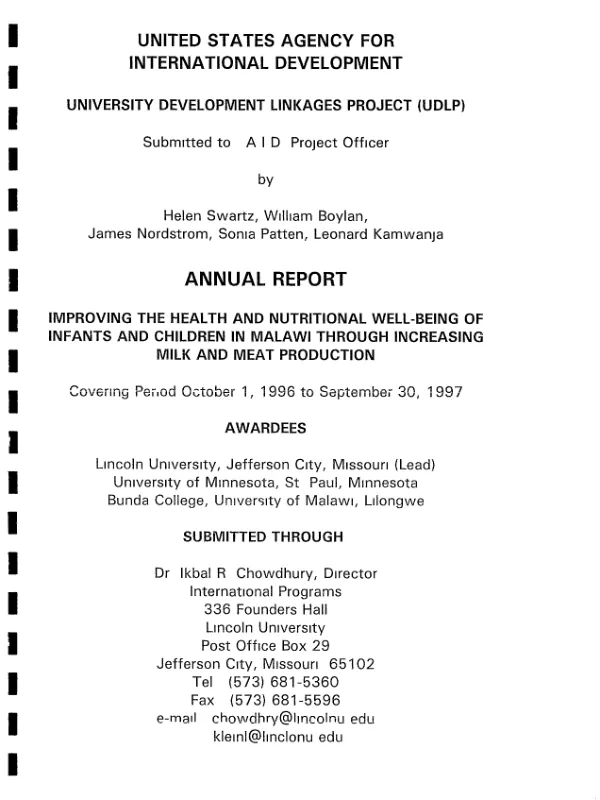 University development linkages project (UDLP) : annual report -- improving the health and nutritional well-being of infants and children in Malawi through increasing milk and meat production : covering period October 1, 1996 to September 30, 1997