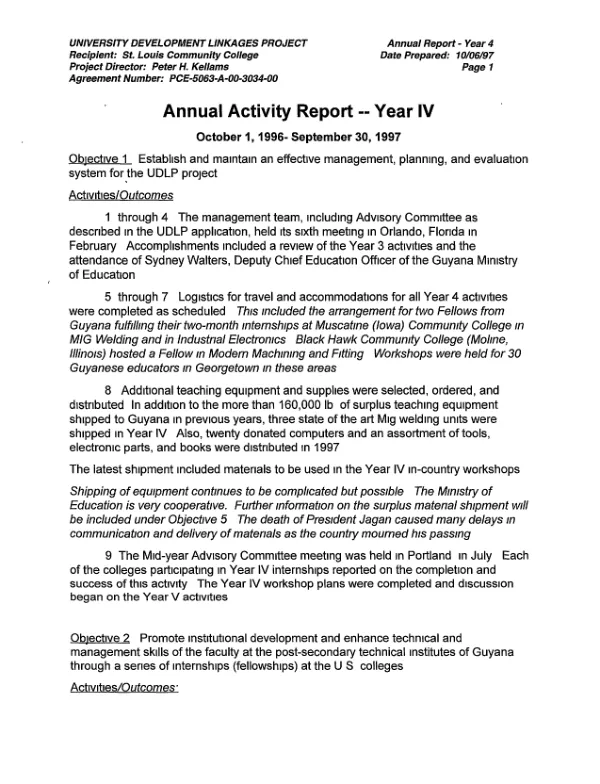 Annual activity report - year IV, October 1, 1996 - September 30, 1997 : St. Louis Community College - Agreement number PCE-5063-A-00-3034-00